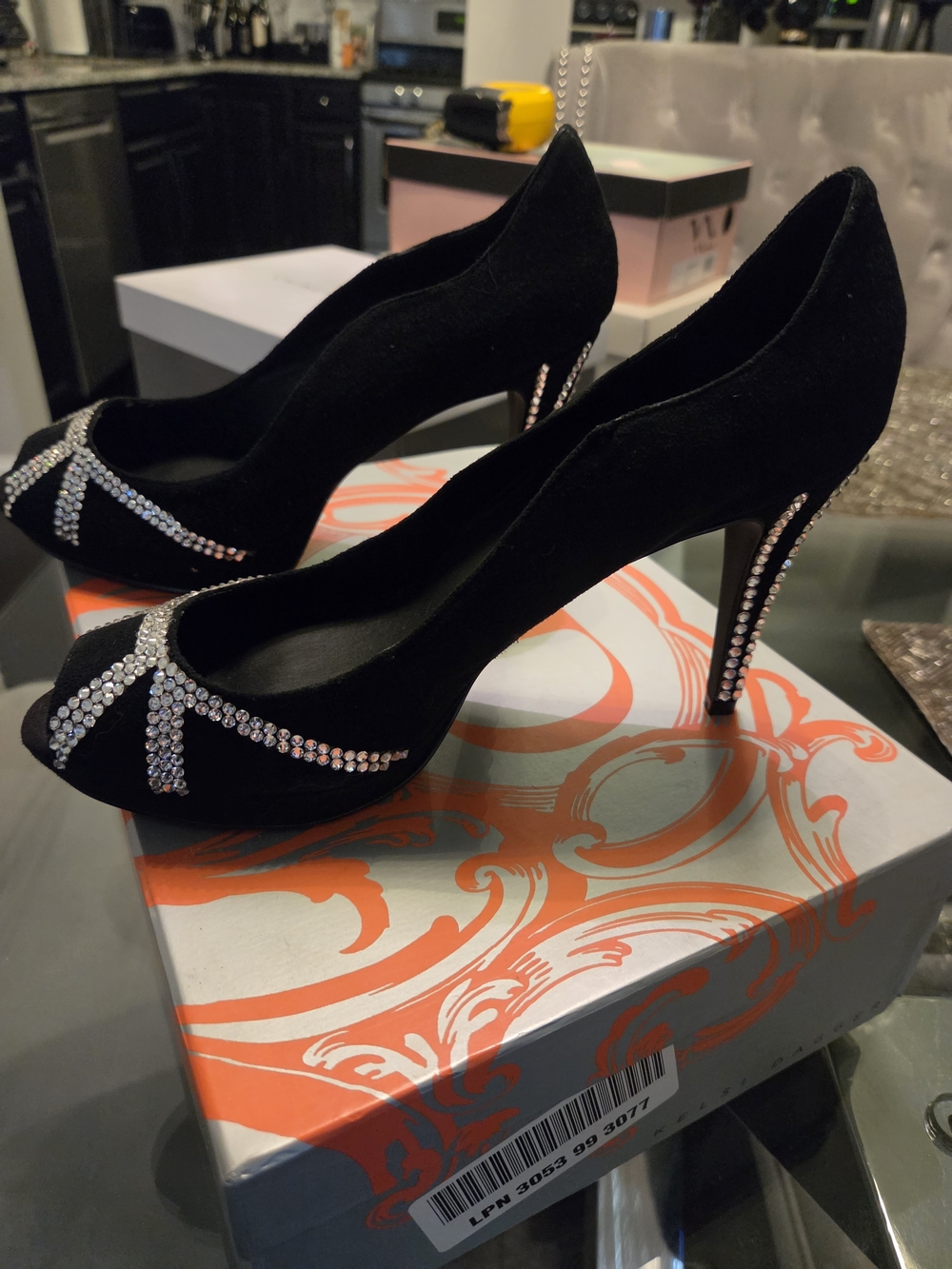 Kelsi Dagger Black Suede Peep-Toe Heels with Rhinestone Accents